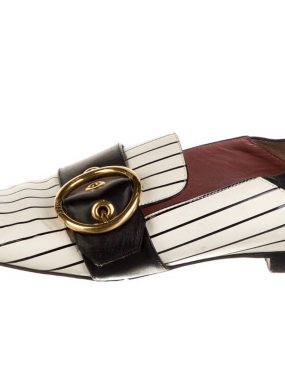 Bally size 36 Striped White and Black Leather Women's Loafer with Gold Buckle